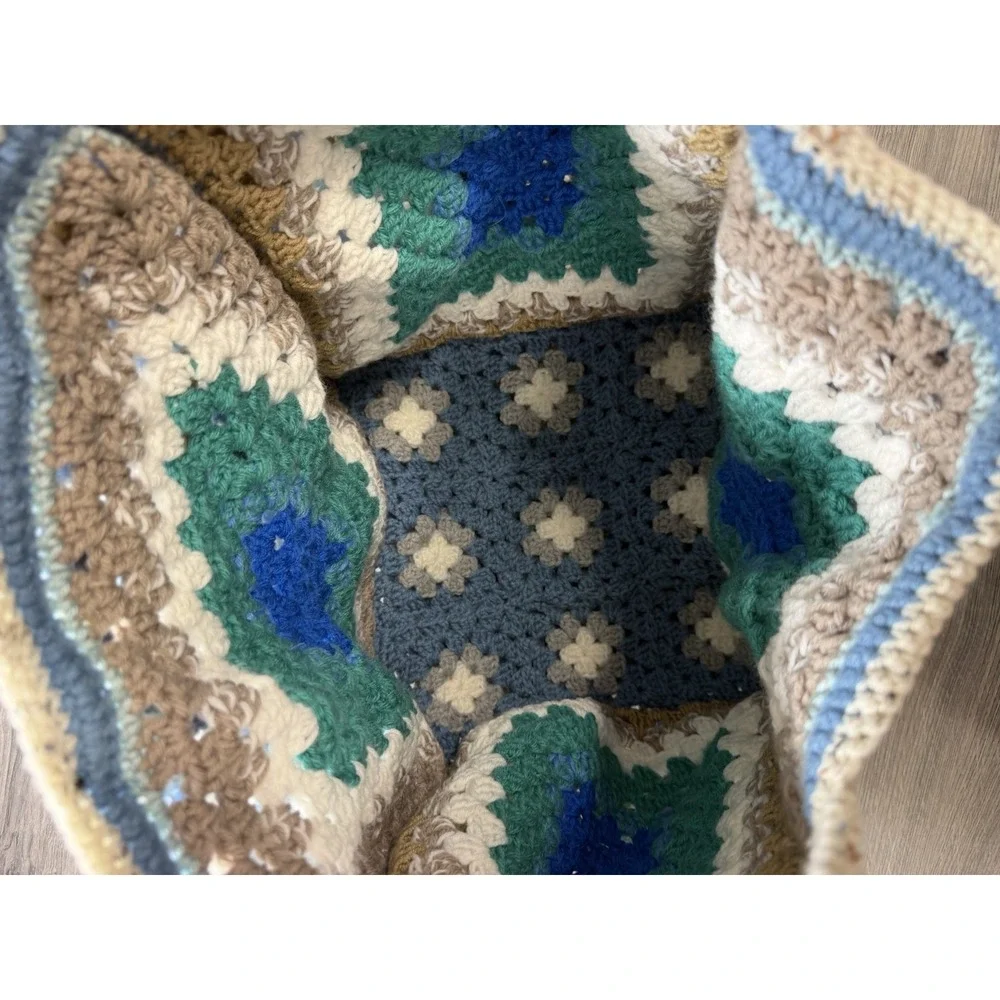 Handmade Crochet Granny Square Large Reversible Tote Bag Boho Hippie Blue Brown